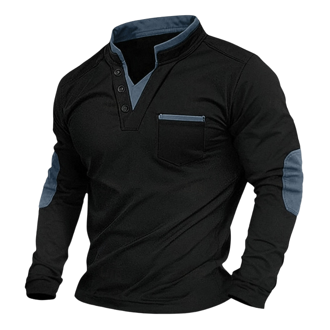 Men's black V-neck sweatshirt with stand collar and contrasting elbow patches