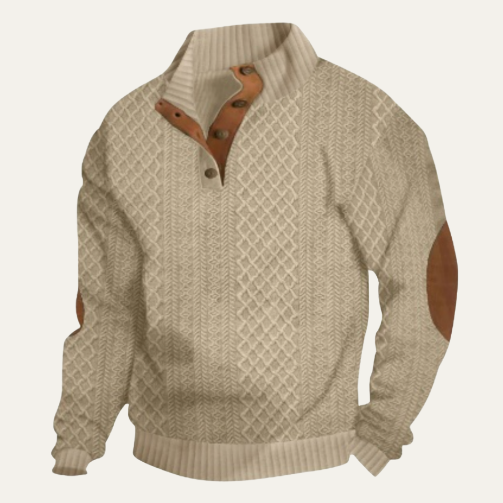 Men's textured jumper with mock neck and elbow patches