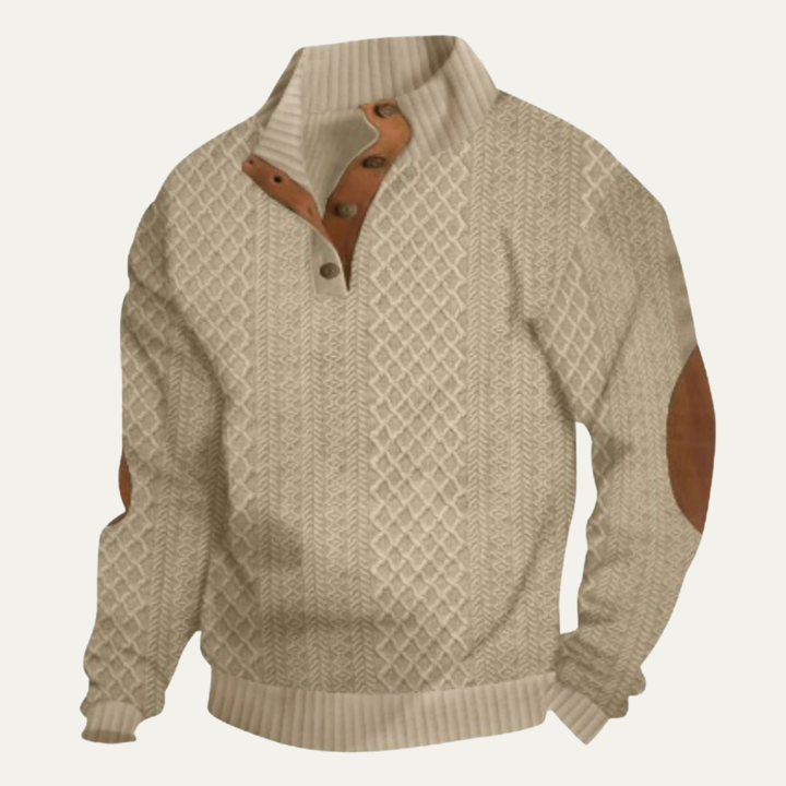 Men's textured jumper with mock neck and elbow patches