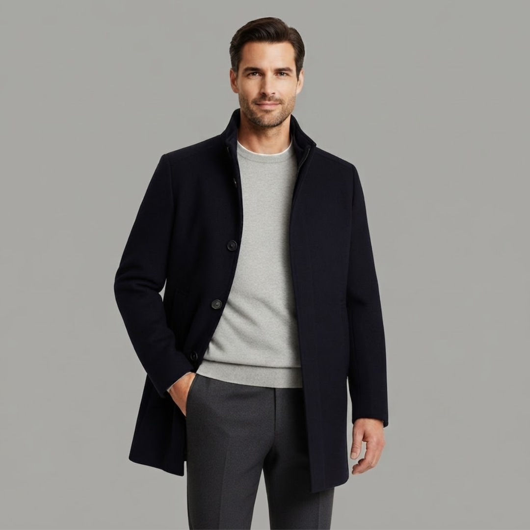 Men's mid-length patterned coat with high collar and button front