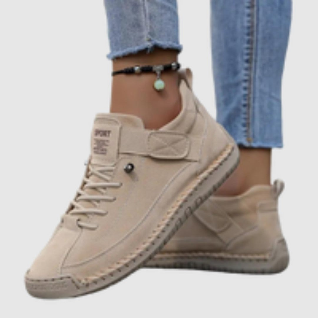 Women's beige lace-up high-top sneaker with padded ankle collar