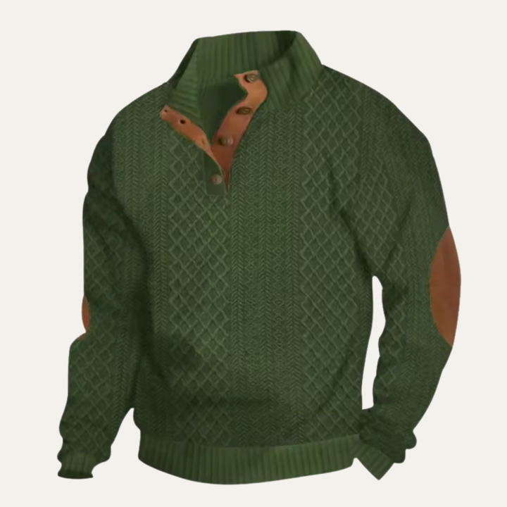 Men's textured jumper with mock neck and elbow patches