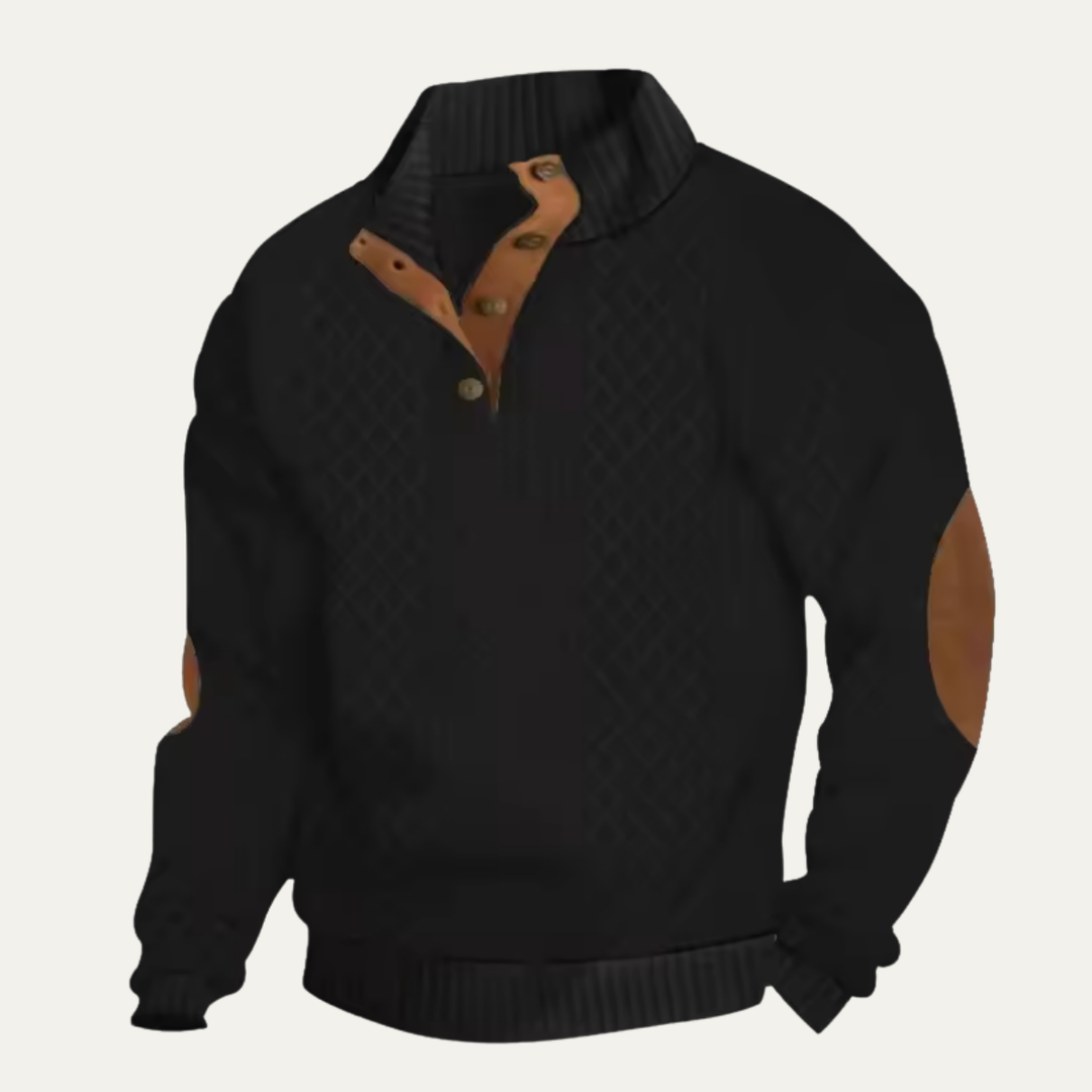 Men's textured jumper with mock neck and elbow patches