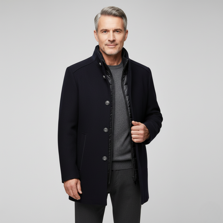 Men's structured padded coat with stand collar, buttons, zip fastening and side pockets