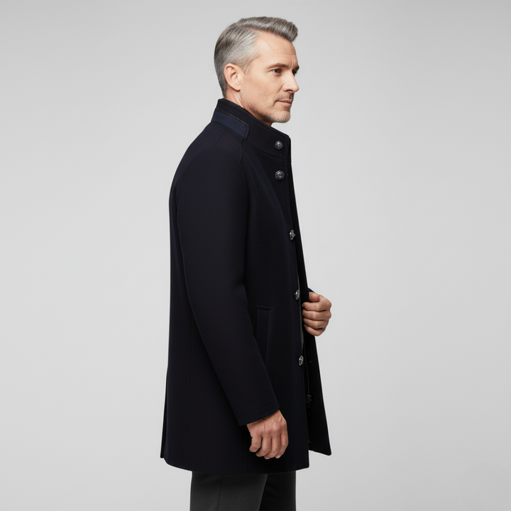 Men's structured padded coat with stand collar, buttons, zip fastening and side pockets