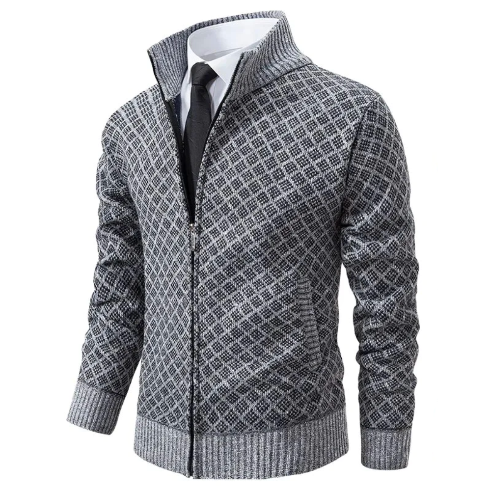 Men's textured zip sweater with stand collar and ribbed trims