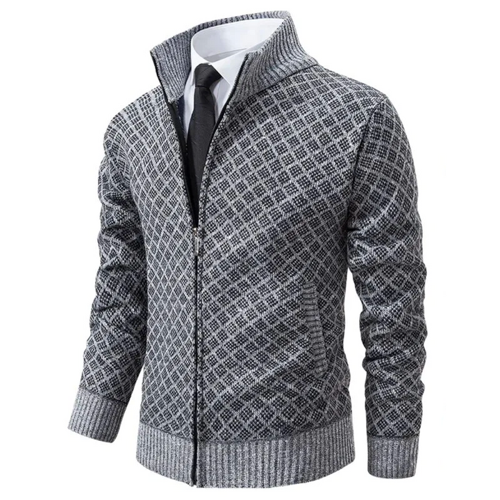 Men's textured zip sweater with stand collar and ribbed trims
