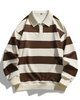Unisex striped polo jumper with long sleeves, button placket and ribbed trims