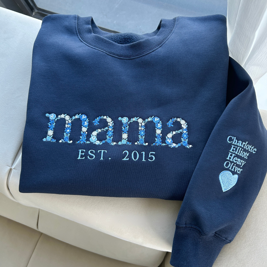 Personalized embroidered crew neck sweatshirt with floral name design