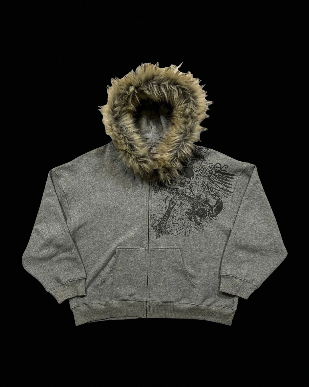 Graphic zip hoodie with fur-trimmed hood, long sleeves and front pocket