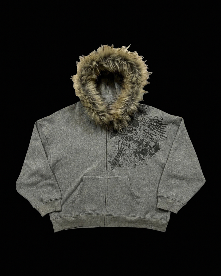 Graphic zip hoodie with fur-trimmed hood, long sleeves and front pocket