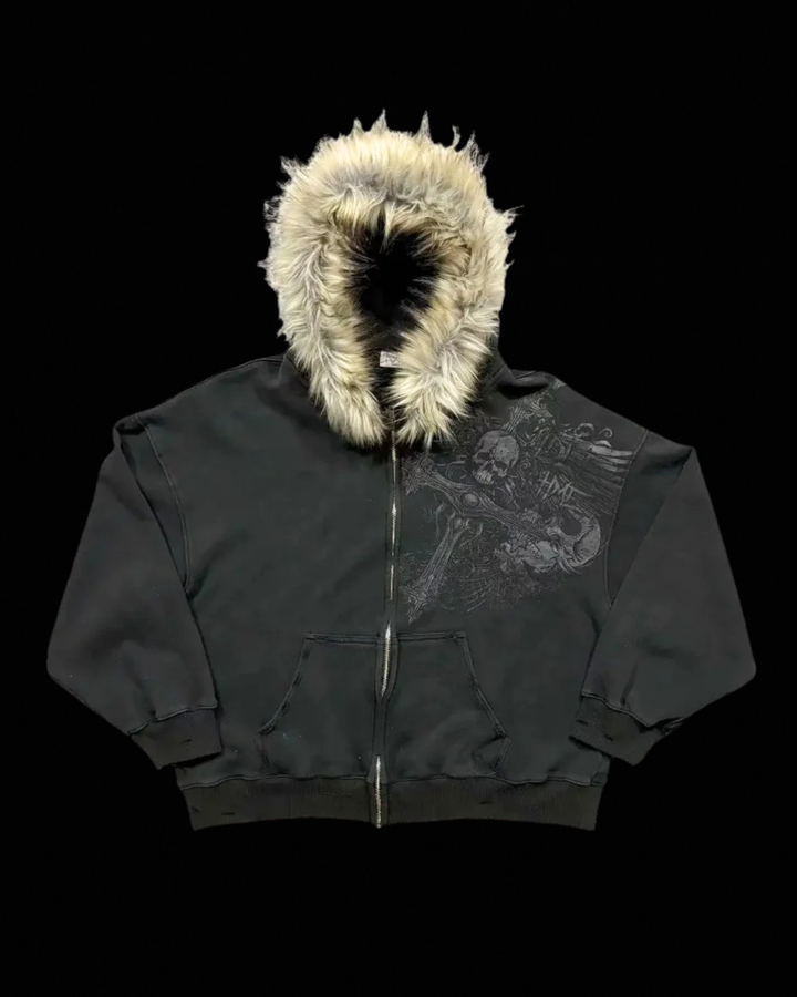 Graphic zip hoodie with fur-trimmed hood, long sleeves and front pocket