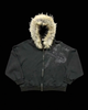 Graphic zip hoodie with fur-trimmed hood, long sleeves and front pocket