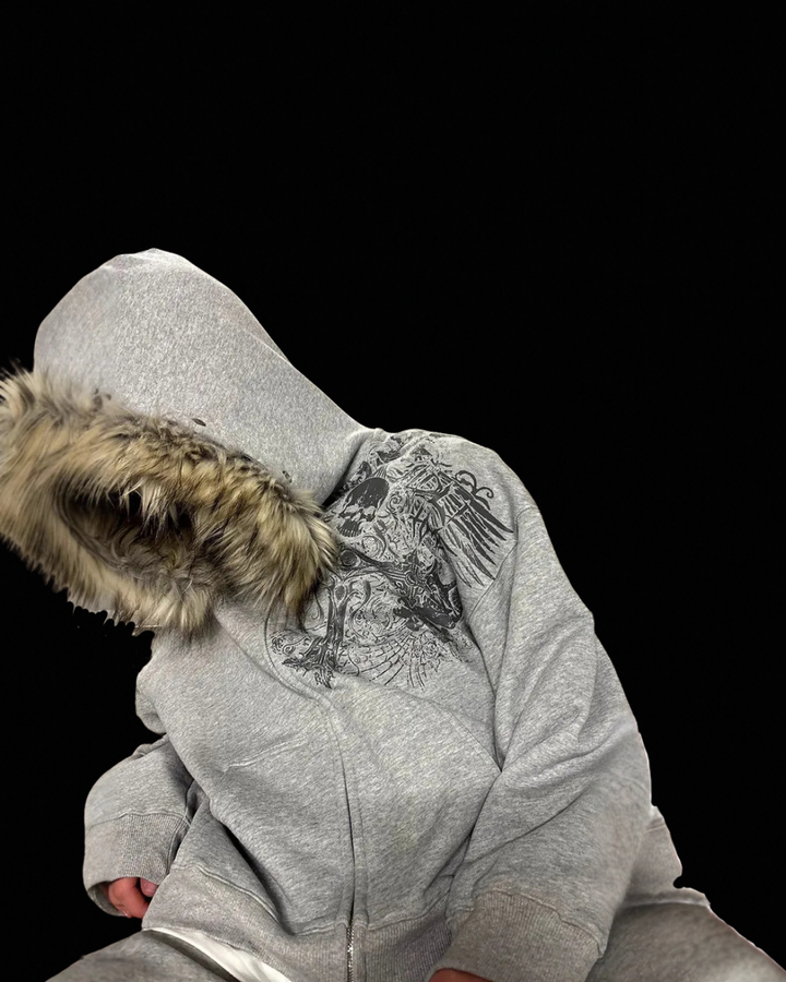 Graphic zip hoodie with fur-trimmed hood, long sleeves and front pocket