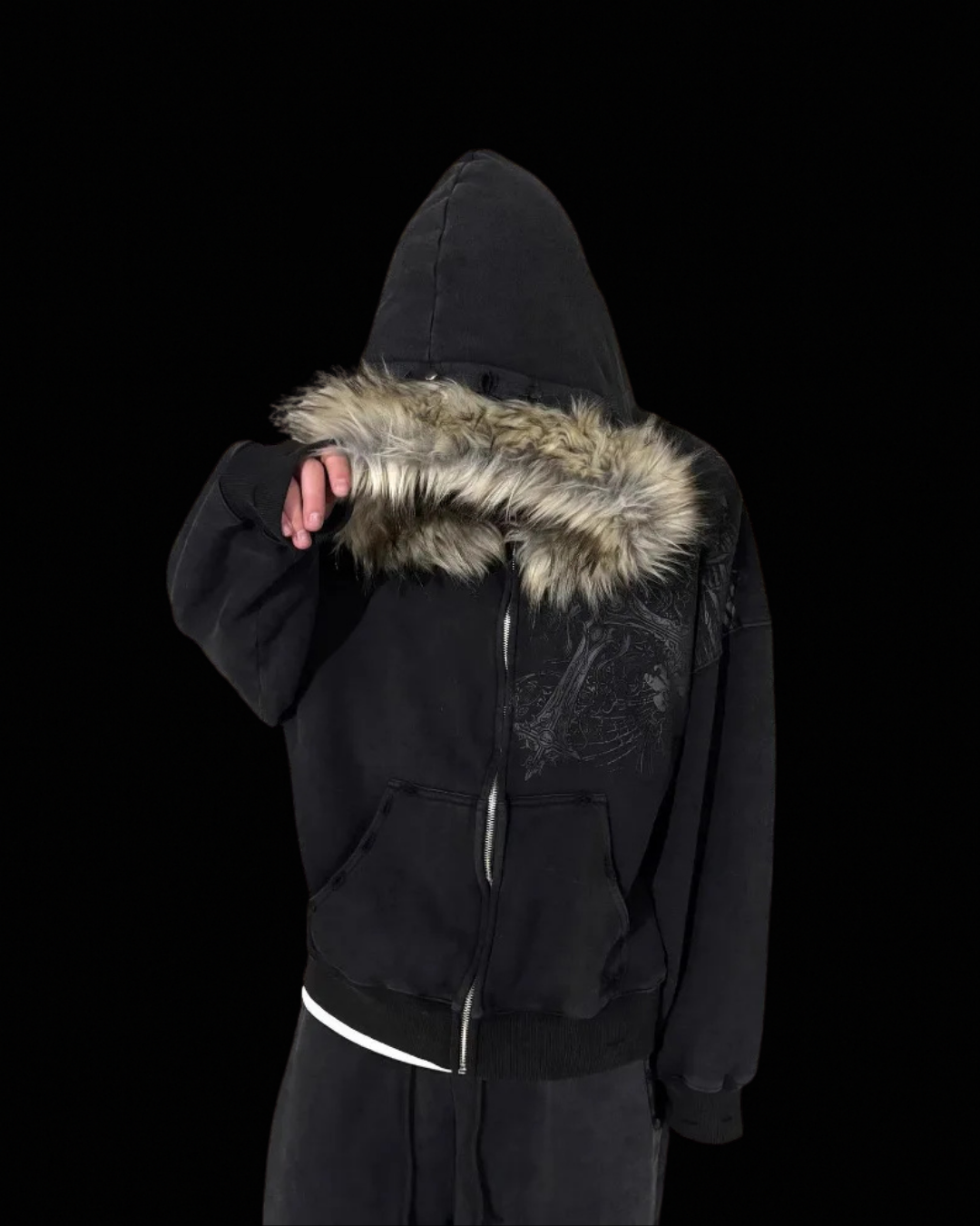 Graphic zip hoodie with fur-trimmed hood, long sleeves and front pocket