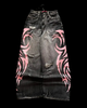 Women's black jeans with pink tribal graphics and distressed details
