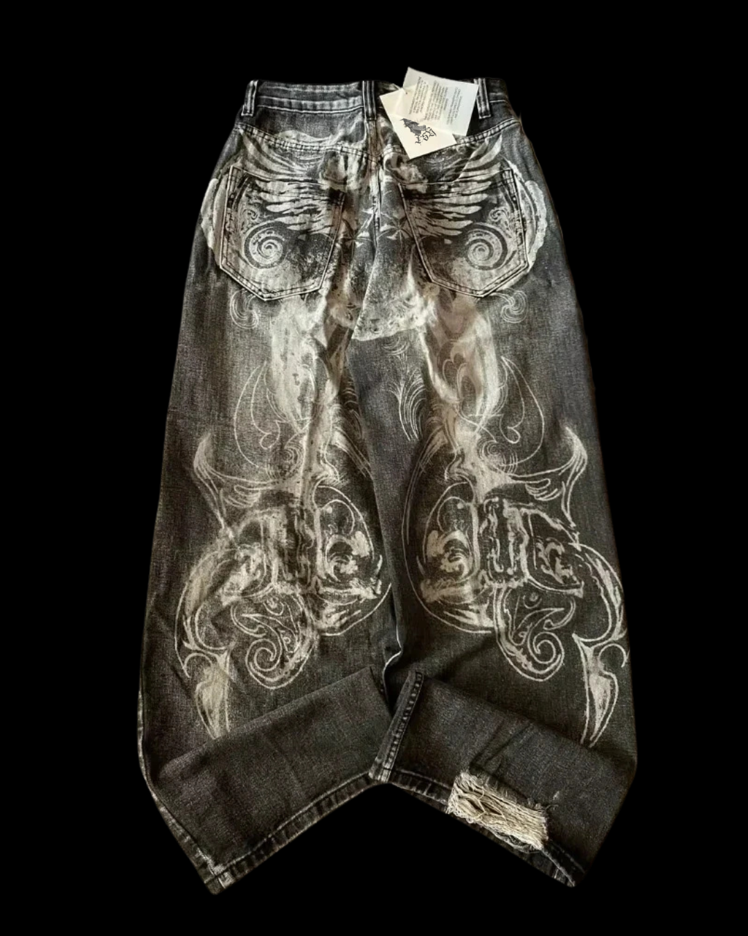 Unisex black graphic wide leg jeans with ornate print