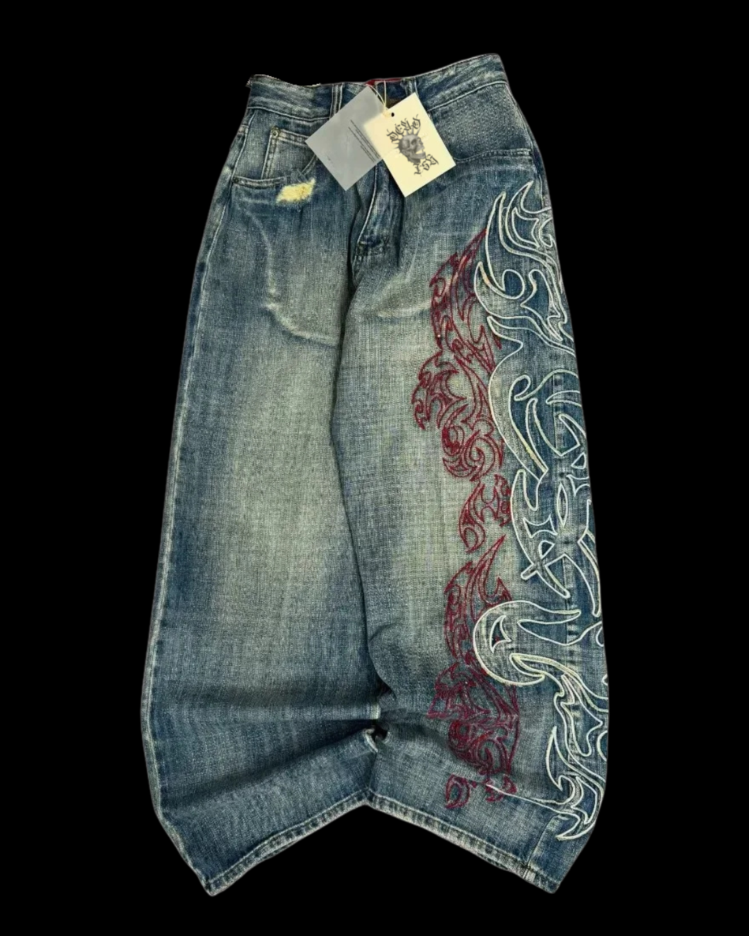 Blue men's jeans with embroidered side graphic and distressed detail