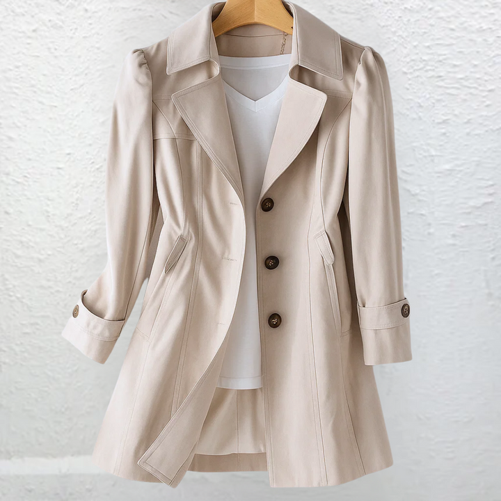 Women's long trench coat with notched lapel and button front