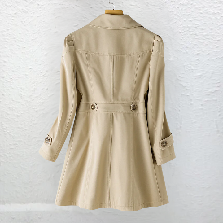 Women's long trench coat with notched lapel and button front