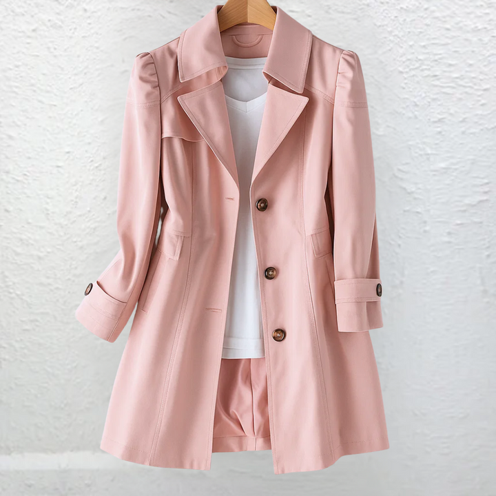 Women's long trench coat with notched lapel and button front
