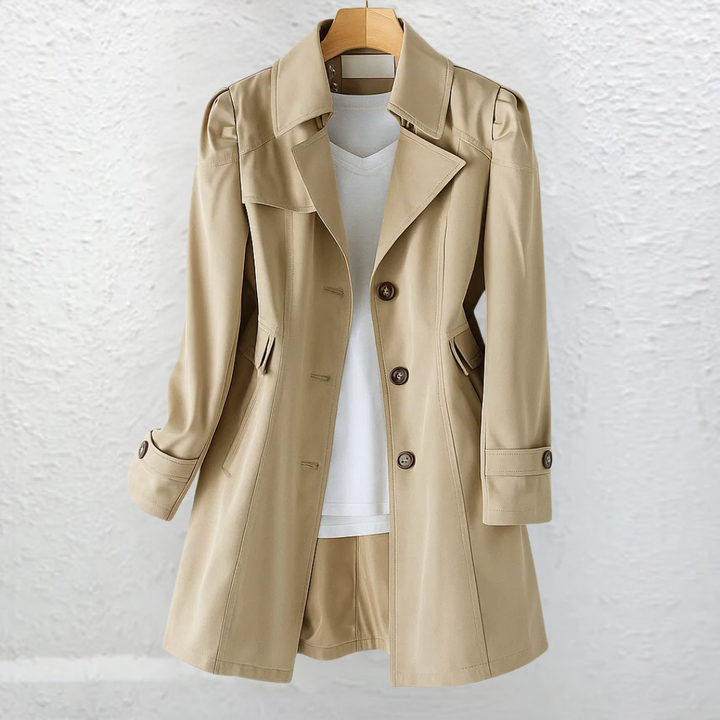 Women's long trench coat with notched lapel and button front