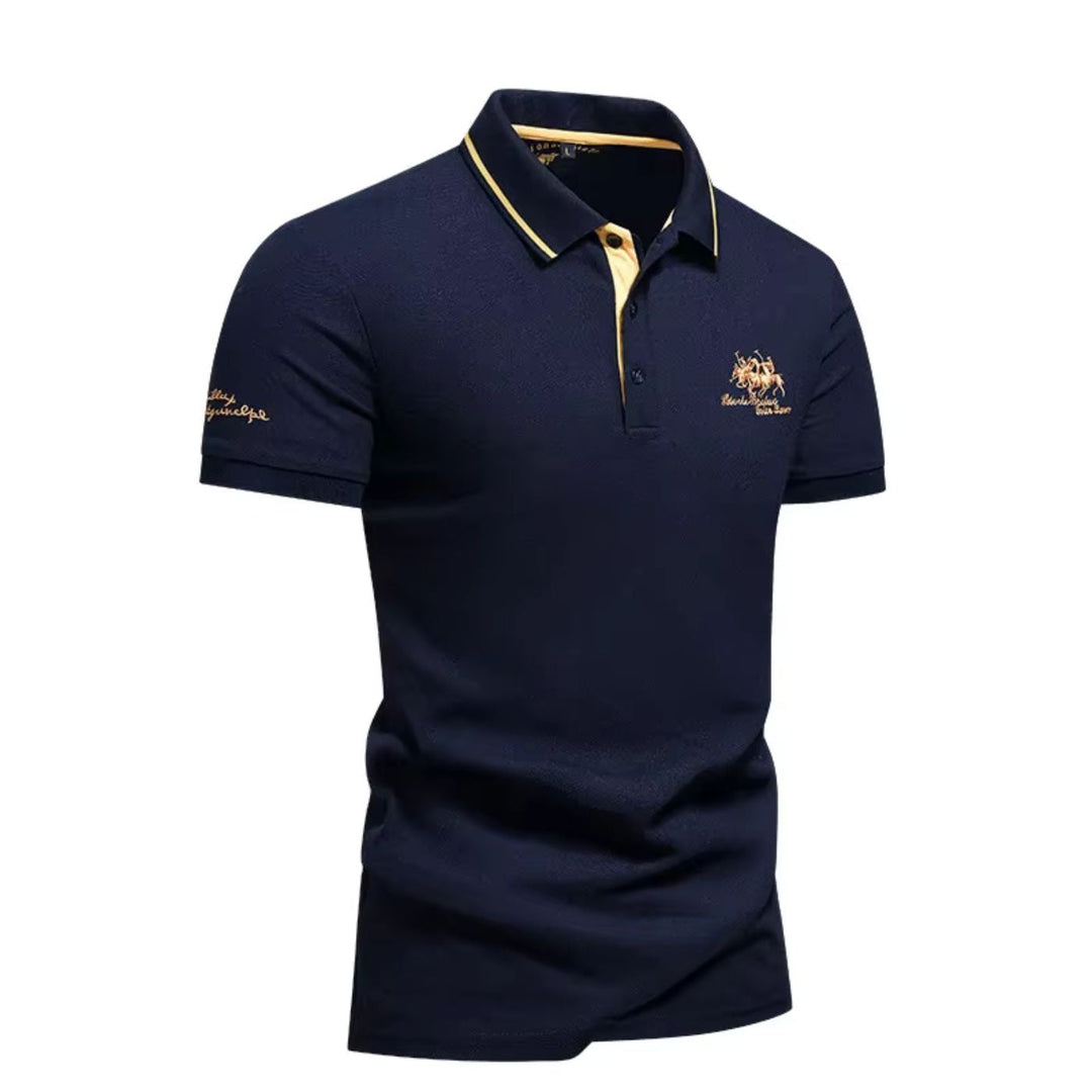 Men's short-sleeve polo shirt with contrast trim and embroidered chest detail