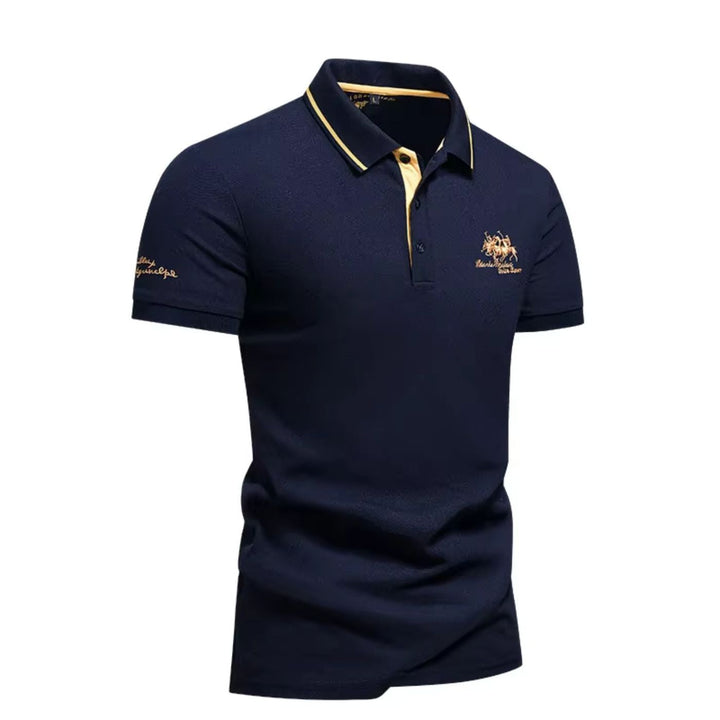 Men's short-sleeve polo shirt with contrast trim and embroidered chest detail