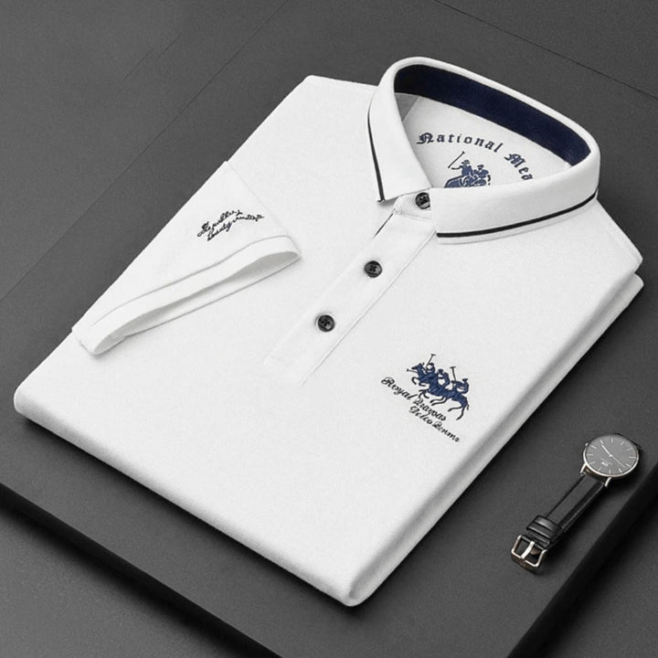 Men's short-sleeve polo shirt with contrast trim and embroidered chest detail