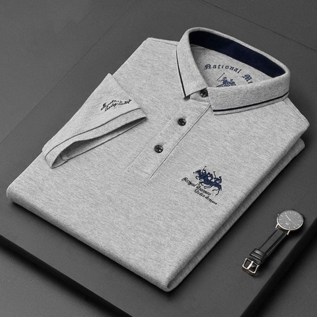 Men's short-sleeve polo shirt with contrast trim and embroidered chest detail