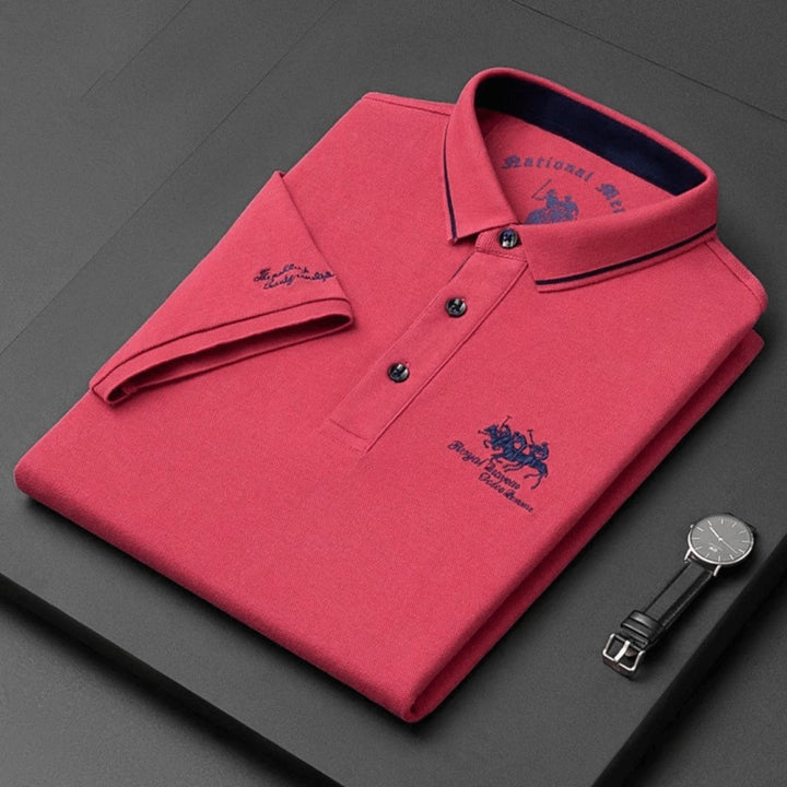 Men's short-sleeve polo shirt with contrast trim and embroidered chest detail
