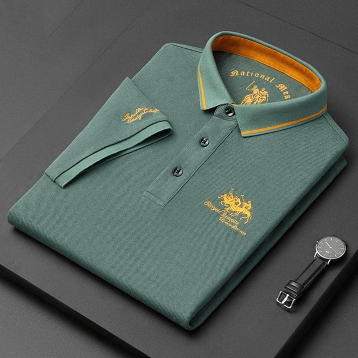 Men's short-sleeve polo shirt with contrast trim and embroidered chest detail