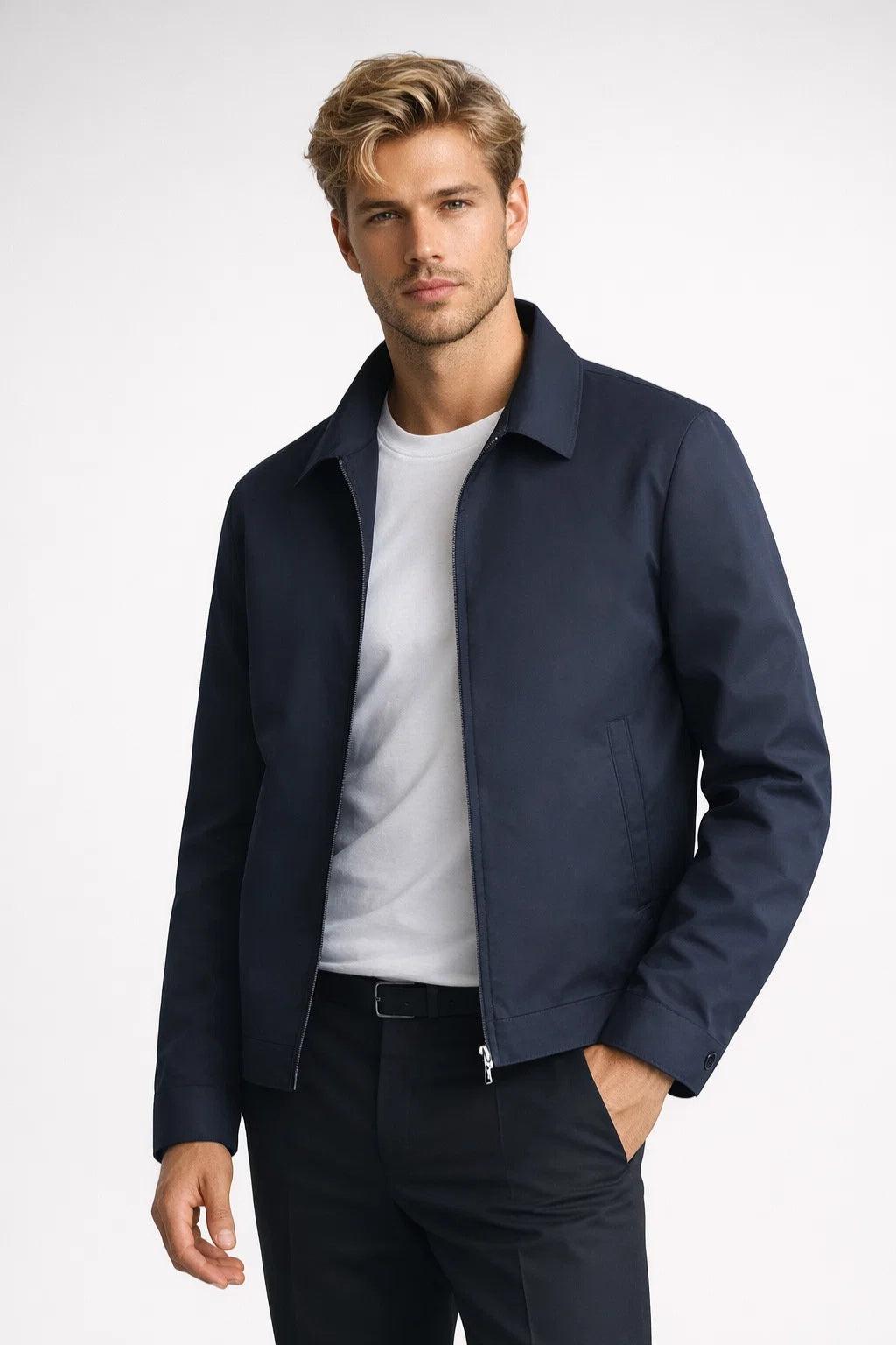 Men's collared jacket with zip front and checked lining