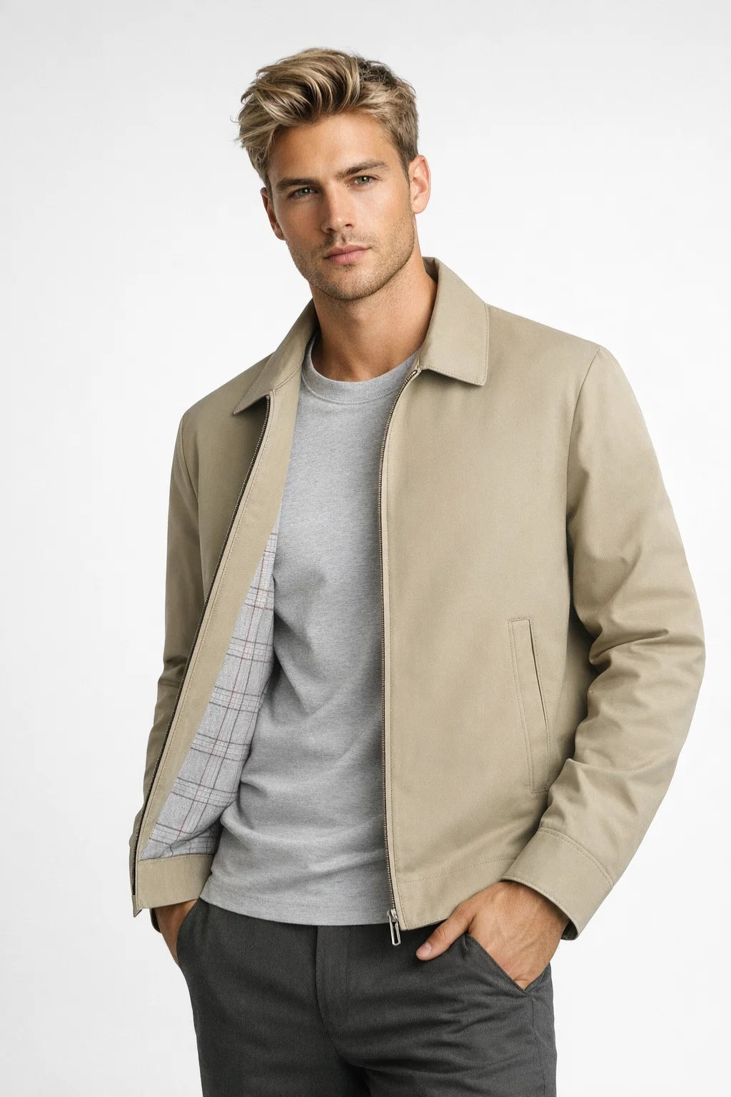 Men's collared jacket with zip front and checked lining