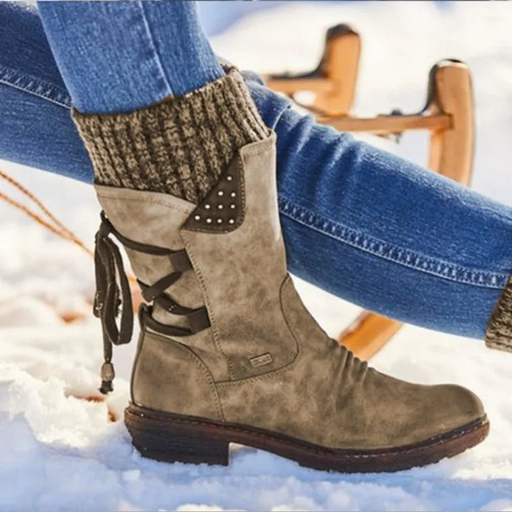 Women's ankle boots with side lacing, stud detail and low block heel