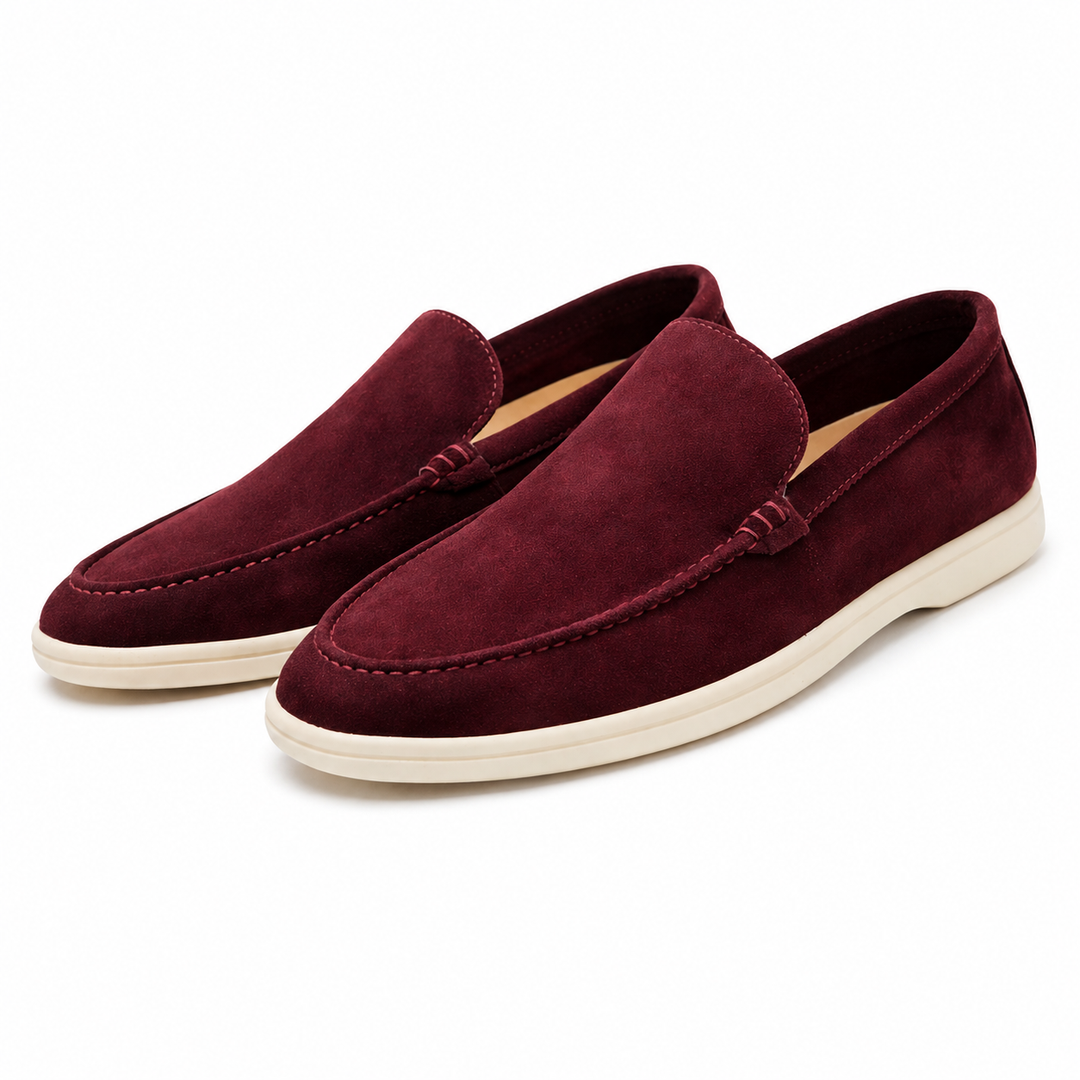 Como suede slip-on loafer in burgundy and beige with cream sole