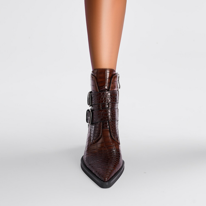 Women's pointed toe ankle boots with two buckle straps and block heel