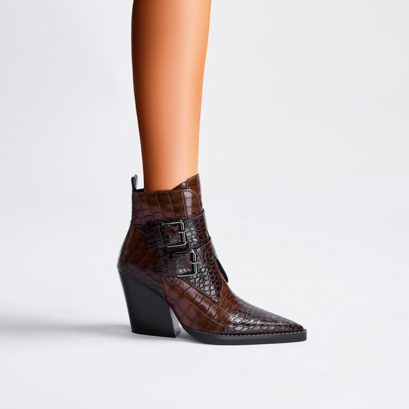 Women's pointed toe ankle boots with two buckle straps and block heel