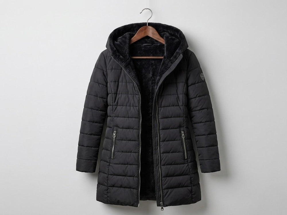 Women's quilted hooded A-line winter coat with zip pockets