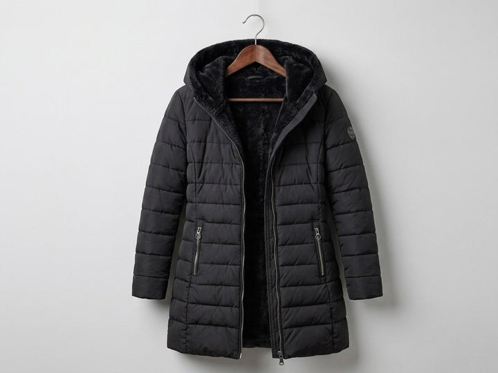Women's quilted hooded A-line winter coat with zip pockets