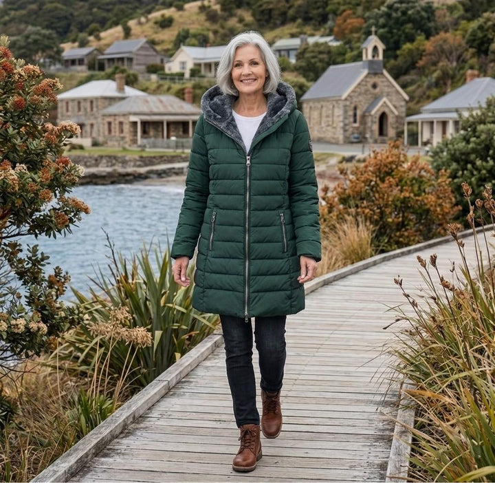Women's quilted hooded A-line winter coat with zip pockets