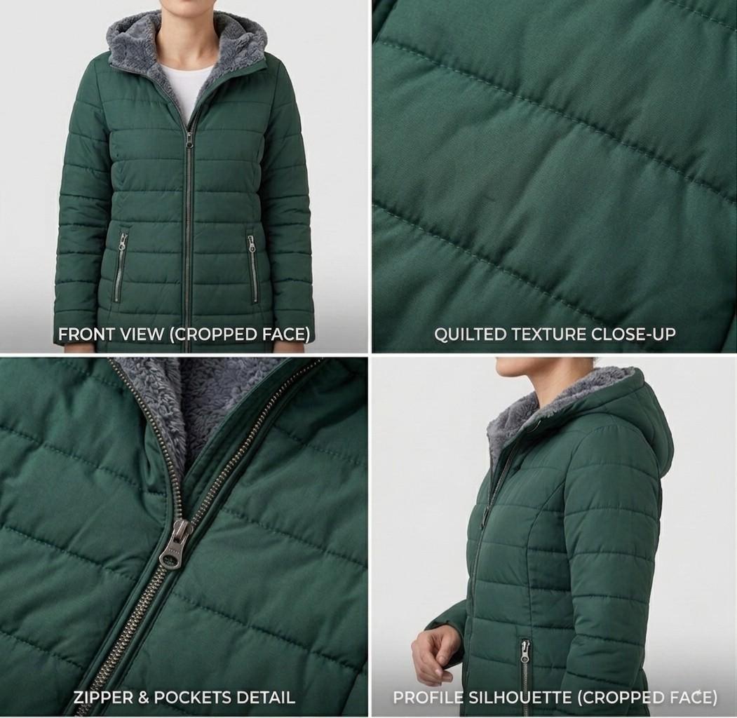Women's quilted hooded A-line winter coat with zip pockets