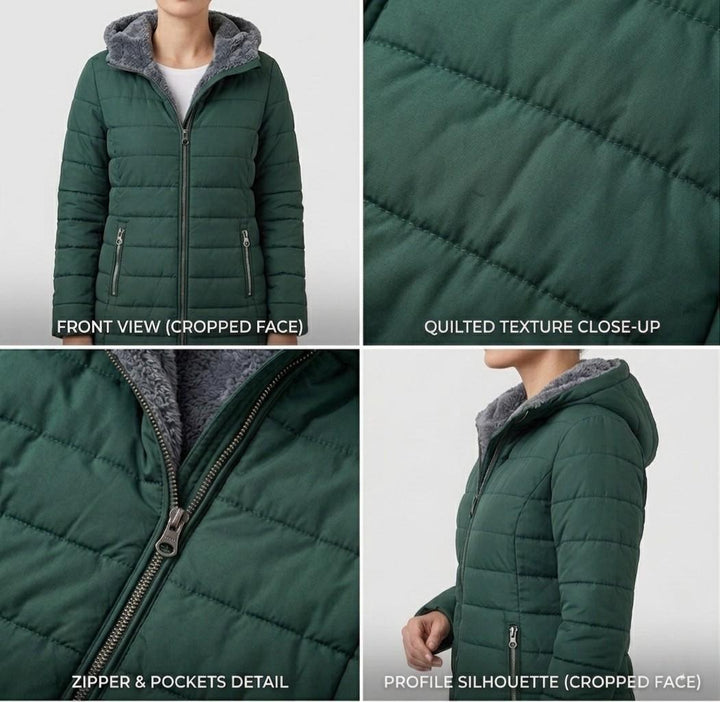 Women's quilted hooded A-line winter coat with zip pockets