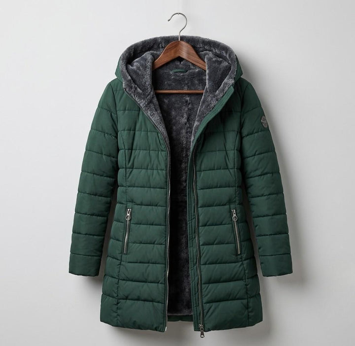 Women's quilted hooded A-line winter coat with zip pockets