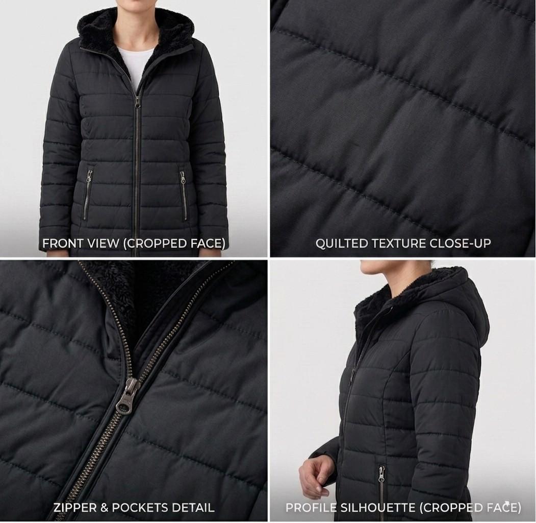 Women's quilted hooded A-line winter coat with zip pockets