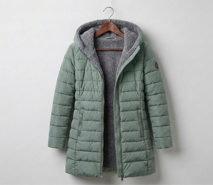 Women's quilted hooded A-line winter coat with zip pockets