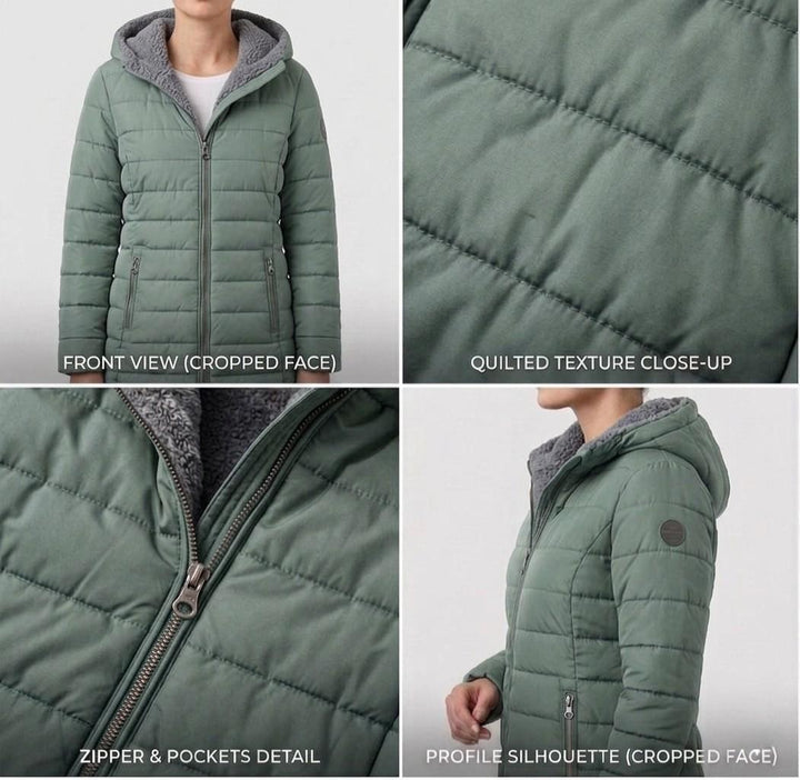 Women's quilted hooded A-line winter coat with zip pockets