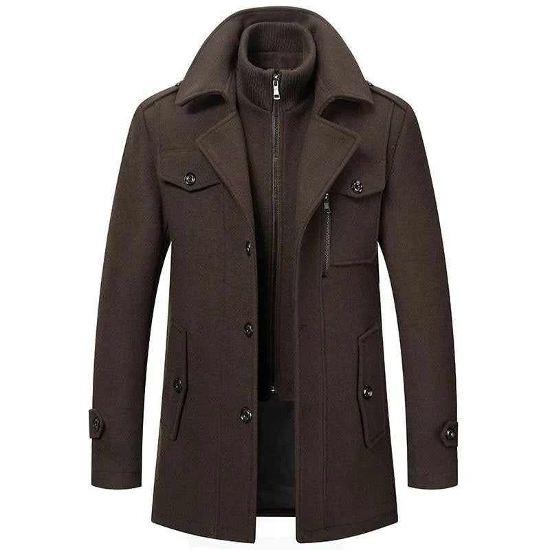 Men's long two-piece coat with stand collar, lapels, pockets and long sleeves