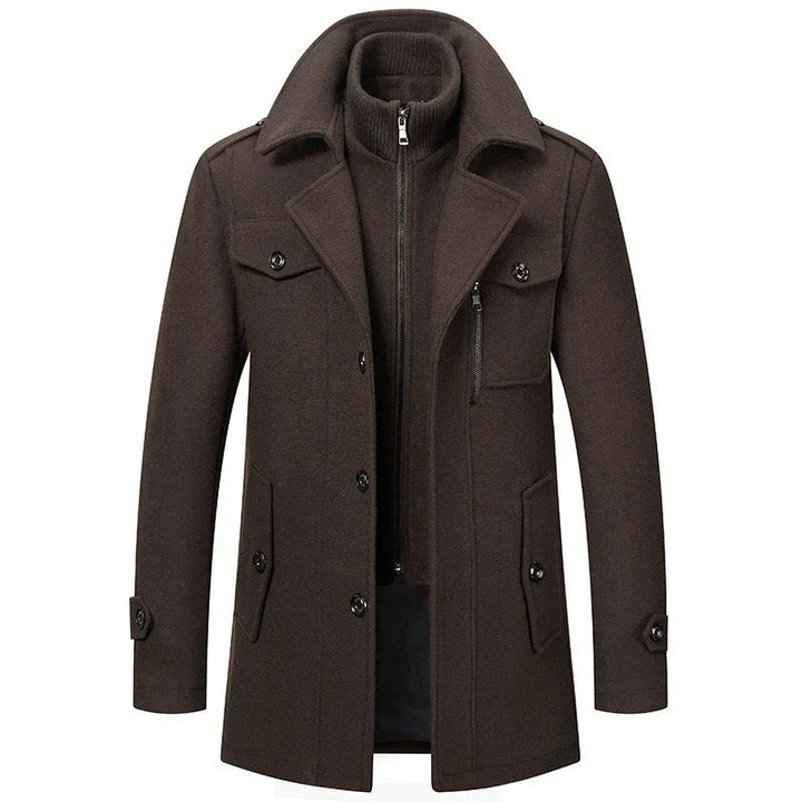 Men's long two-piece coat with stand collar, lapels, pockets and long sleeves