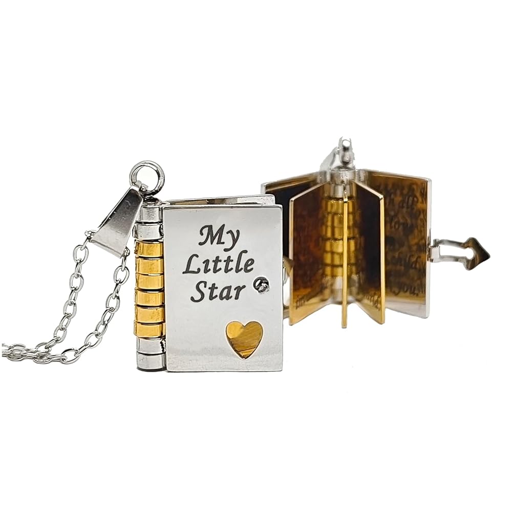 Miniature book charm pendant in gold and silver with chain and matching tortoiseshell case